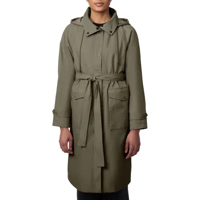 Bernardo Water Resistant Tie Belt Packable Raincoat In Army Green