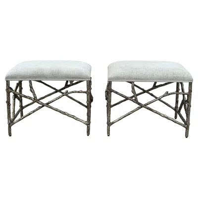 Pre-owned Bernhardt A Pair Of Aluminum Twig Upholstered Benches By  2017 In Gray