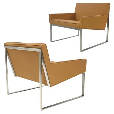 Pre-owned Bernhardt Design Pair Of Tan Leather & Brushed Nickel Lounge Chairs By Fabien Baron 4 Avail In Brown