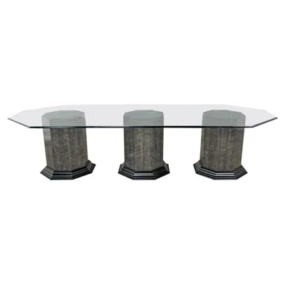 Pre-owned Bernhardt Greek Revival Dining Table Triple Pedestal Base & Elongated Octagon Glass Top In Brown