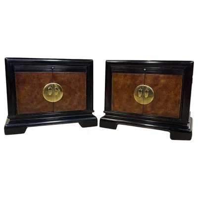 Pre-owned Bernhardt Pair  Chinoiserie Asian Nightstand Cabinets With Pull Out Trays In Brown