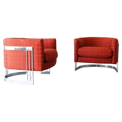 Pre-owned Bernhardt Pair Of 1980s Postmodern Chrome Club Chairs By  In Milo Baughman Style In Red