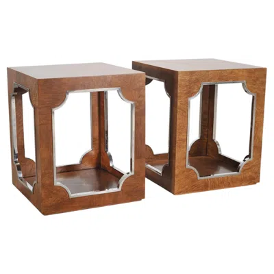 Pre-owned Bernhardt Pair Of  Soho Luxe Burlwood Steel Cube Drink Tables In Brown