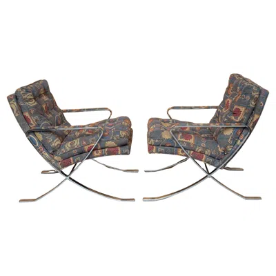 Pre-owned Bernhardt Pair Of Mid-century Modern Chrome X-base Lounge Chairs, , Circa 1970s In Gray