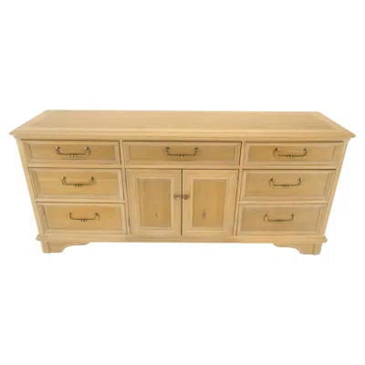 Pre-owned Bernhardt Pickled White Oak & Yew Wood Heavy Long Brass Drop Pulls Long Dresser Credenza