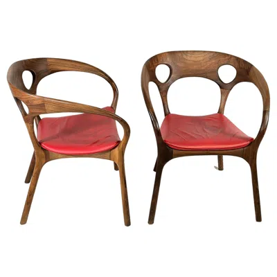 Pre-owned Bernhardt Ross Lovegrove For  Walnut And Leather Anne Chairs, A Pair In Brown