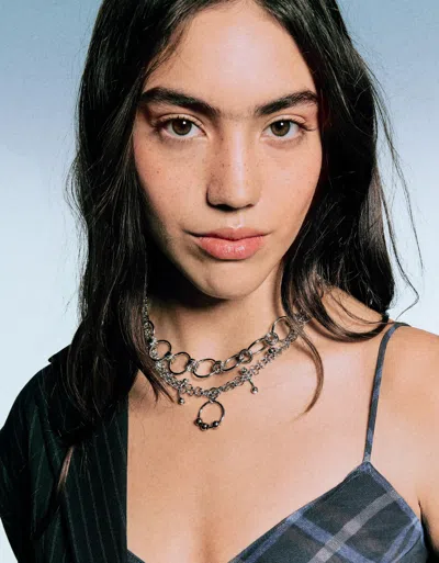 Bershka 2-pack Of Piercing Pendant Necklaces - Signature Edition In Metallic