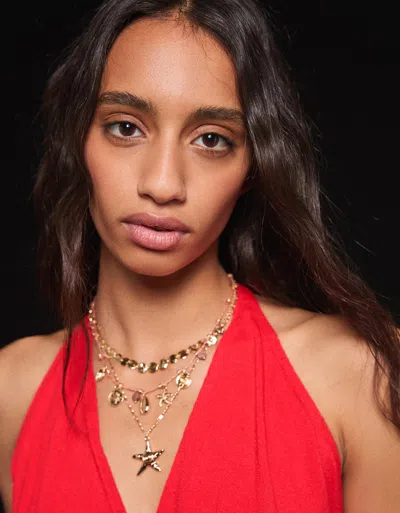 Bershka 3-pack Of Marine Necklaces In Gold