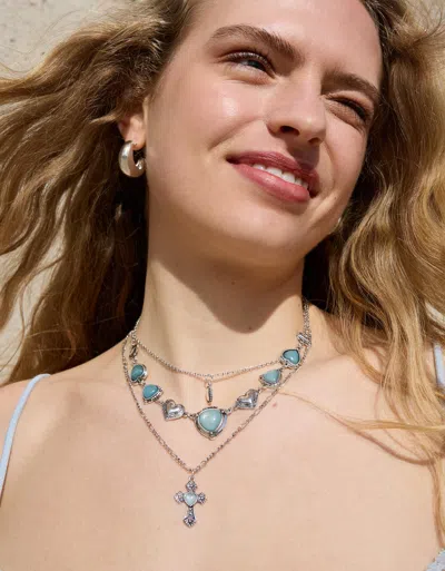Bershka 3-pack Of Turquoise-effect Necklaces In Silver