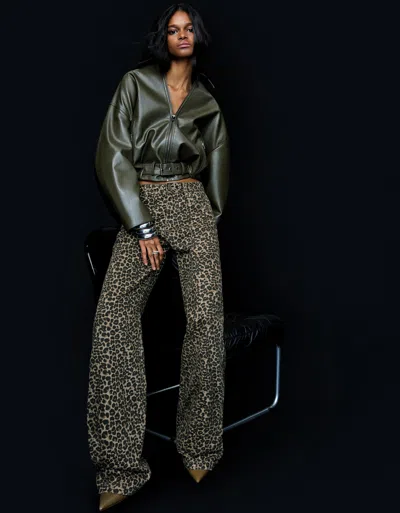 Bershka Animal Print Straight-leg Studded Pants In Multi