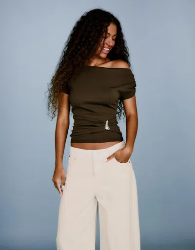 Bershka Asymmetric Belted T-shirt In Brown