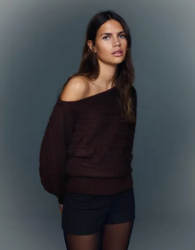 Bershka Asymmetric Cable-knit Sweater In Brown