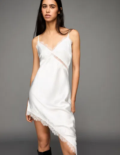Bershka Asymmetric Lace Sateen Strappy Dress In White