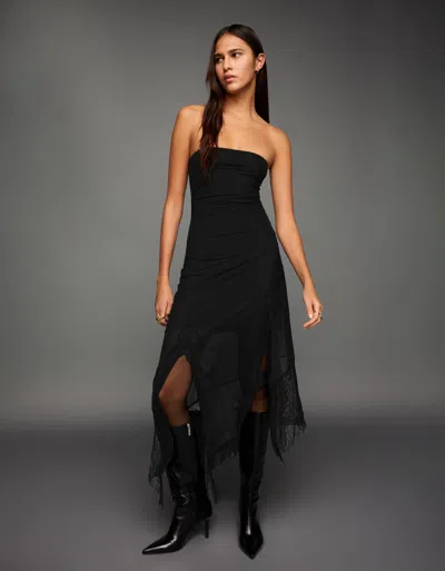 Bershka Asymmetric Lace Tulle Bandeau Midi Dress In Black