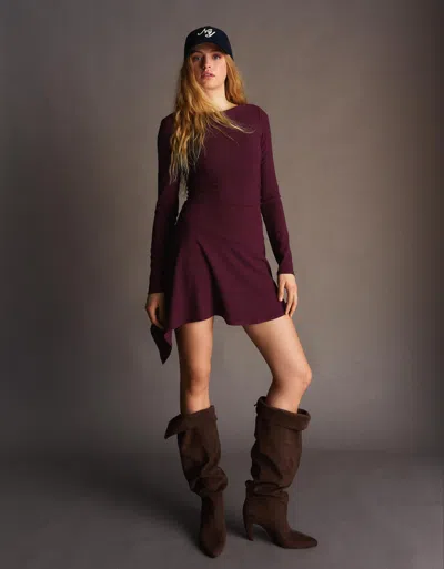 Bershka Asymmetric Long Sleeve Mini Dress With Flounce In Brown