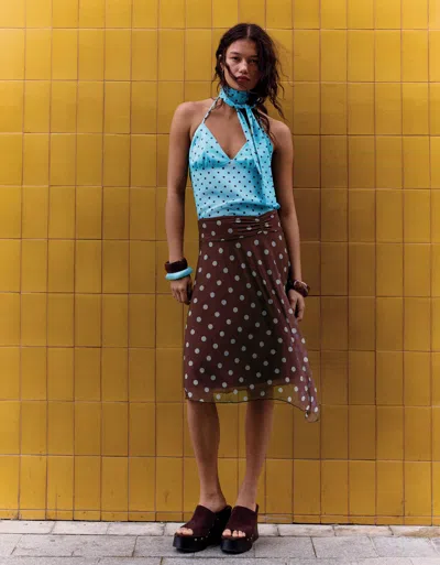 Bershka Asymmetric Polka Dot Midi Skirt In Brown