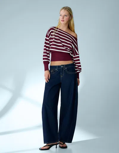 Bershka Asymmetric Print Sweater In Burgundy