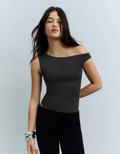 Bershka Asymmetric Ruched Strappy Bodysuit In Black