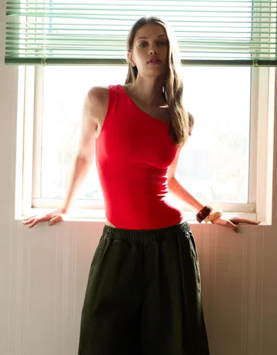 Bershka Asymmetric Ruched Strappy Bodysuit In Red