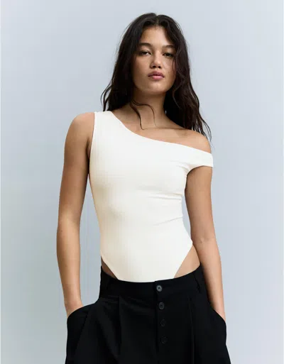 Bershka Asymmetric Ruched Strappy Bodysuit In White