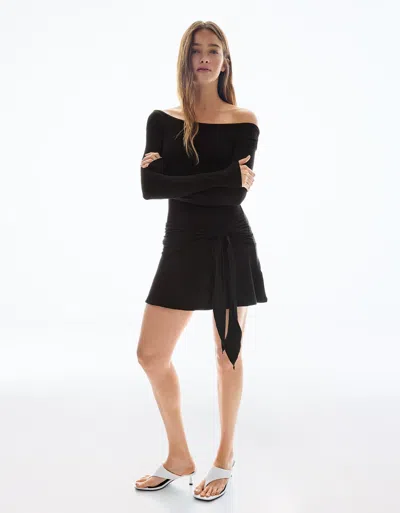 Bershka Asymmetric Ruffled Mini Dress With Bow In Black