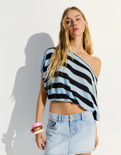 Bershka Asymmetric Striped Sweater In Blue