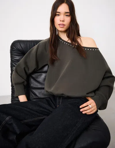 Bershka Asymmetric Studded Sweatshirt In Brown