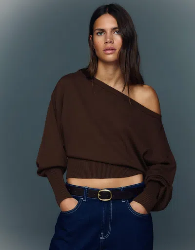Bershka Asymmetric Sweater With Ribbed Hem In Brown