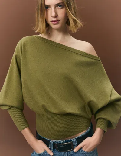 Bershka Asymmetric Sweater With Ribbed Hem In Green