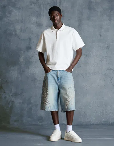 Bershka Baggy Bermuda Shorts With Patch In Blue