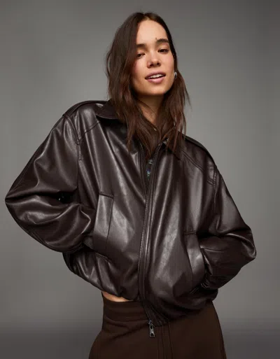 Bershka Balloon Faux Leather Jacket In Brown