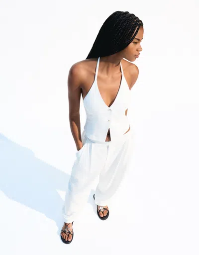 Bershka Balloon Fit Linen Blend Pants With Darts In White