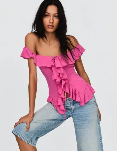 Bershka Bardot Ruffled Top In Pink
