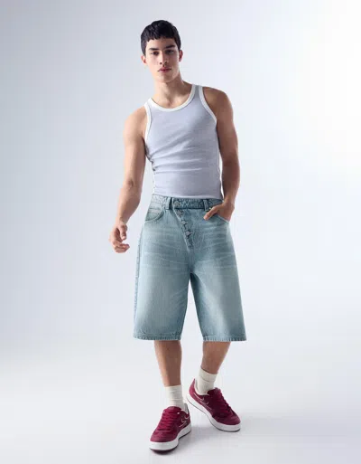 Bershka Barrel Bermuda Shorts With Crossover Detail In Blue