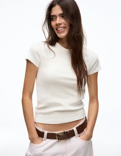 Bershka Basic Ribbed Short Sleeve T-shirt In White