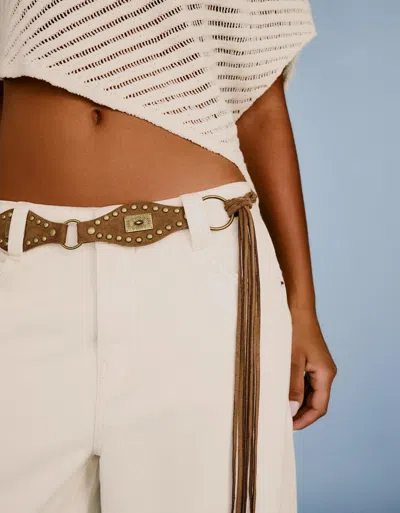 Bershka Belt With Studs And Fringes In Brown