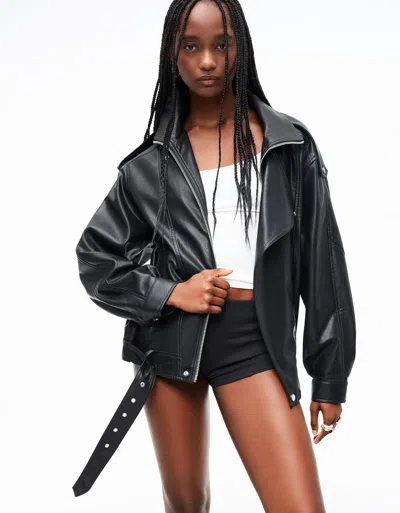 Bershka Belted Leather Effect Jacket In Black