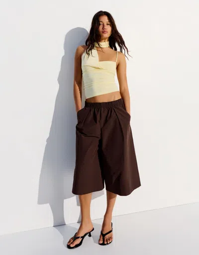 Bershka Bermuda Culottes With Elasticated Waistband In Brown