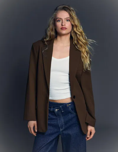 Bershka Blazer With Back Buckle In Brown