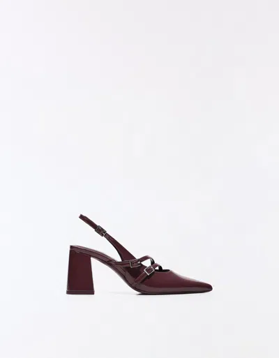 Bershka Block Heel Slingback Shoes With Buckles In Burgundy