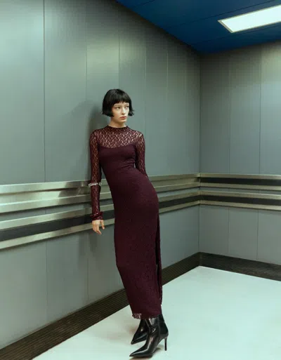 Bershka Blonde Lace Long Sleeve Midi Dress In Burgundy