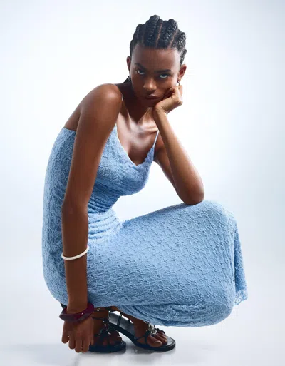 Bershka Blonde Lace Midi Dress In Blue