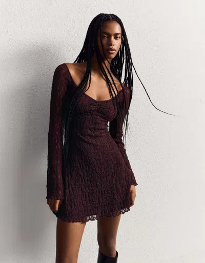 Bershka Blonde Lace Off-the-shoulder Mini Dress In Burgundy