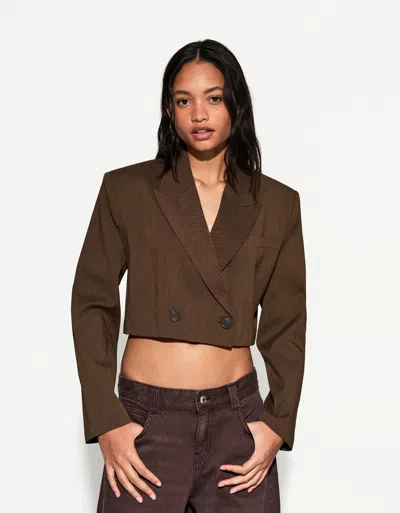 Bershka Boxy Double-breasted Buttoned Blazer In Brown
