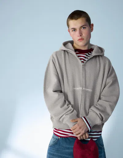 Bershka Boxy Fit Cropped Zip-up Sweatshirt With Print In Multi