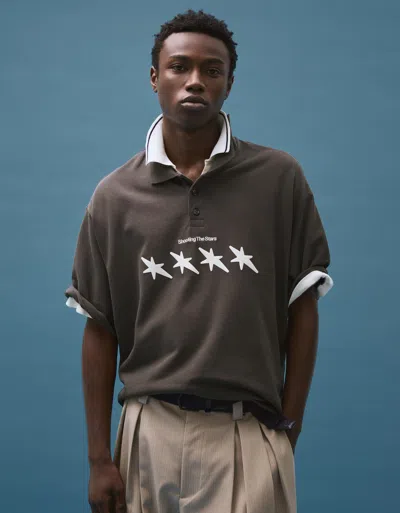 Bershka Boxy Fit Printed Polo Shirt In Brown