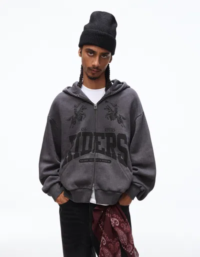 Bershka Boxy Fit Zip-up Jacket With Print In Black