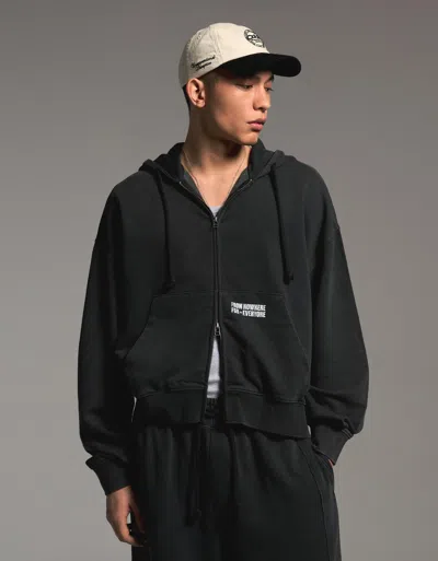 Bershka Boxy Fit Zip-up Sweatshirt With Print In Black