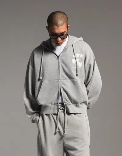 Bershka Boxy Fit Zip-up Sweatshirt With Print In Gray