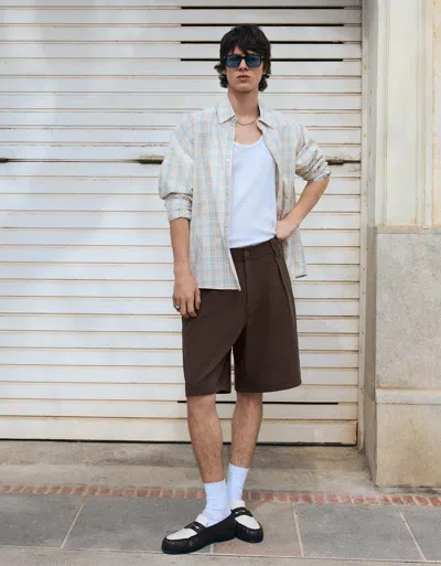 Bershka Boxy Tailored Bermuda Shorts In Brown